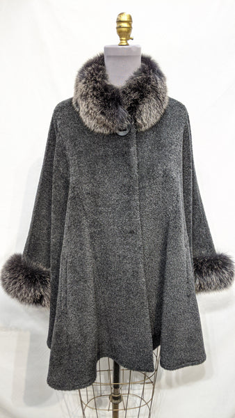 Alpaca Cape with Fox Collar and cuffs Charcoal